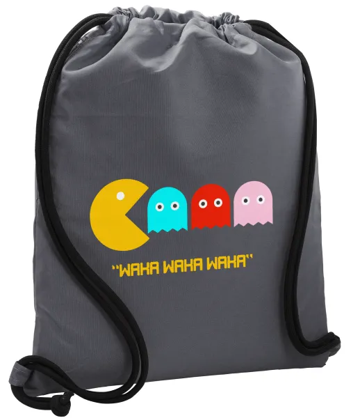 Pacman waka waka waka — Τσάντα πλάτης πουγκί GYMBAG ΓΚΡΙ, με τσέπη (40x48cm) & χονδρά κορδόνια
