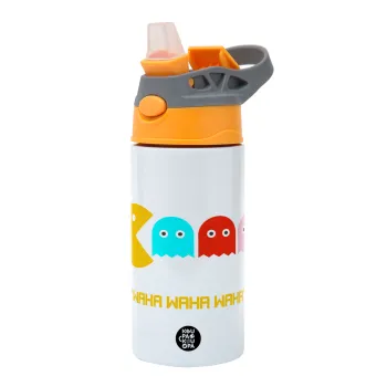 Pacman waka waka waka, Children's hot water bottle, stainless steel, with safety straw, Orange/Grey (360ml) BPA-FREE