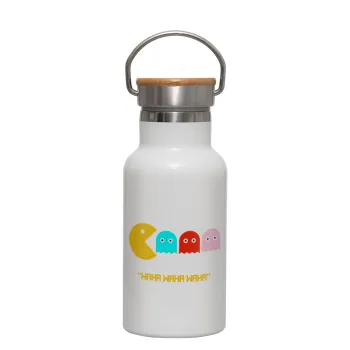 Pacman waka waka waka, Μεταλλικό παγούρι θερμός (Stainless steel) Λευκό με ξύλινο καπακι (bamboo), διπλού τοιχώματος, 350ml