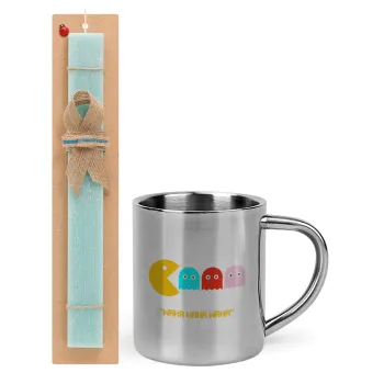Pacman waka waka waka, Easter Set, metallic thermal cup (300ml) & aromatic flat Easter candle (30cm) (TURQUOISE)