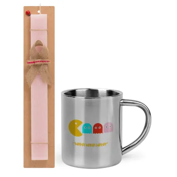 Pacman waka waka waka, Easter Set, metallic thermal cup (300ml) & aromatic flat Easter candle (30cm) (PINK)