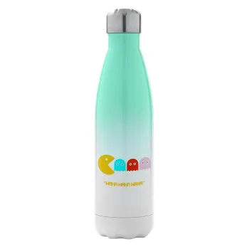 Pacman waka waka waka, Μεταλλικό παγούρι θερμός Πράσινο/Λευκό (Stainless steel), διπλού τοιχώματος, 500ml