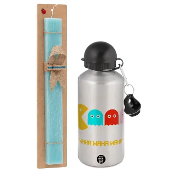 Pacman waka waka waka, Easter Set, metallic silver aluminum water bottle (500ml) & scented flat Easter candle (30cm) (TURQUOISE)