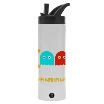 Pacman waka waka waka, Μεταλλικό παγούρι θερμός με καλαμάκι & χειρολαβή, ανοξείδωτο ατσάλι (Stainless steel 304), διπλού τοιχώματος, 600ml