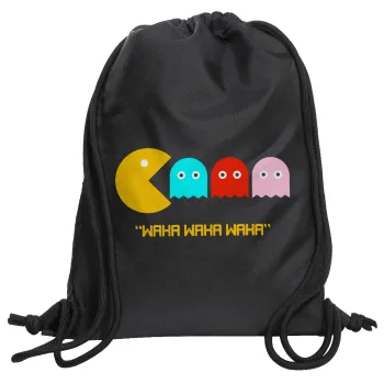 Pacman waka waka waka, Backpack pouch GYMBAG Black, with pocket (40x48cm) & thick cords