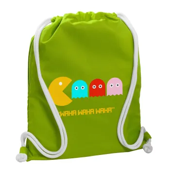 Pacman waka waka waka, Backpack bag GYMBAG LIME GREEN, with pocket (40x48cm) & thick cords