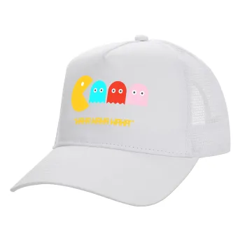 Pacman waka waka waka, Structured Trucker Adult Hat, with Mesh, WHITE (100% COTTON, ADULT, UNISEX, ONE SIZE)