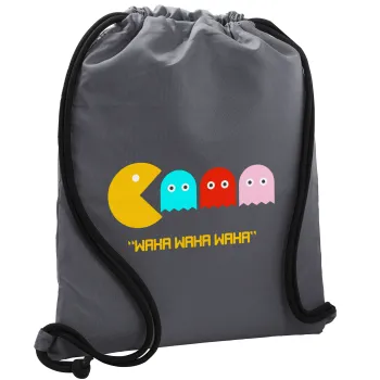 Pacman waka waka waka, Τσάντα πλάτης πουγκί GYMBAG ΓΚΡΙ, με τσέπη (40x48cm) & χονδρά κορδόνια