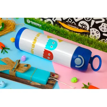 Pacman waka waka waka, Easter candle, Childrens hot water bottle, stainless steel, with safety straw, BLUE (500ml)