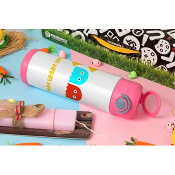 Pacman waka waka waka, Easter candle, Childrens hot water bottle, stainless steel, with safety straw, PINK (500ml)