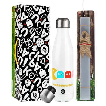 Pacman waka waka waka, Easter candle, metallic white thermos bottle (500ml) & aromatic flat candle (30cm) (GRAY)
