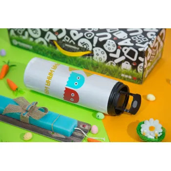 Pacman waka waka waka, Easter candle,Travel Tumbler 2 Lids, with metal straw & cleaning brush & aromatic flat candle (30cm) (BLUE)