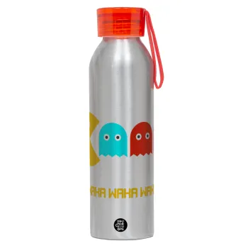 Pacman waka waka waka, Αλουμινένιο Αθλητικό Μπουκάλι 650ml – Ασημί με Κόκκινο Καπάκι και Λουράκι Σιλικόνης