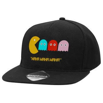 Pacman waka waka waka, Καπέλο Ενηλίκων Flat Snapback Μαύρο, (100% ΒΑΜΒΑΚΕΡΟ TWILL, ΕΝΗΛΙΚΩΝ, UNISEX, ONE SIZE)