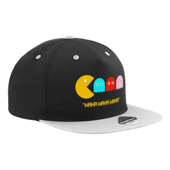 Pacman waka waka waka, Adult Flat Snapback Hat Black/Grey, (100% COTTON TWILL, ADULT, UNISEX, ONE SIZE)