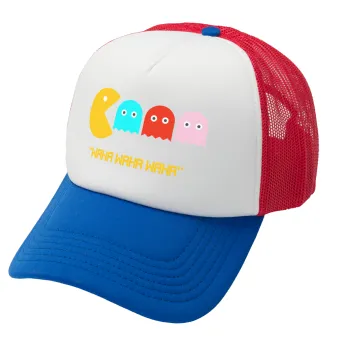 Pacman waka waka waka, Καπέλο Ενηλίκων Soft Trucker με Δίχτυ Red/Blue/White (POLYESTER, ΕΝΗΛΙΚΩΝ, UNISEX, ONE SIZE)