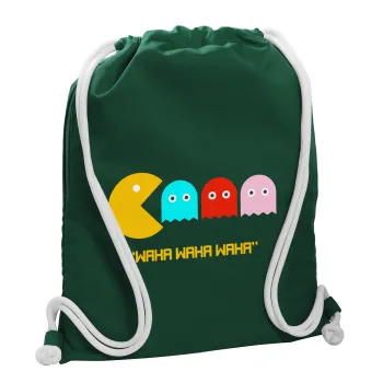 Pacman waka waka waka, Τσάντα πλάτης πουγκί GYMBAG BOTTLE GREEN, με τσέπη (40x48cm) & χονδρά λευκά κορδόνια