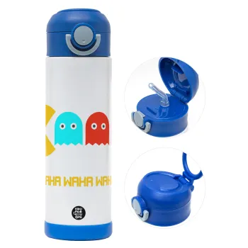 Pacman waka waka waka, Children's hot water bottle, stainless steel, with safety straw, BLUE (500ml)