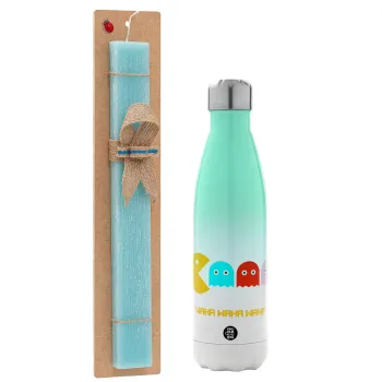 Pacman waka waka waka, Easter Set, Metallic green/white thermos (Stainless steel), double-walled, 500ml & scented flat Easter candle (30cm) (TURQUOISE)