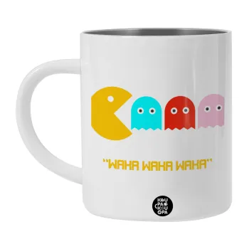 Pacman waka waka waka, Λευκή Ανοξείδωτη Μεταλλική Κούπα 450ml - Διπλού Τοιχώματος 