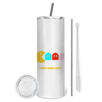 Pacman waka waka waka, Tumbler ποτήρι θερμό από ανοξείδωτο ατσάλι 600ml, με μεταλλικό καλαμάκι & βούρτσα καθαρισμού