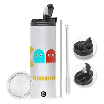 Pacman waka waka waka, Travel Tumbler θερμό με διπλό καπάκι, μεταλλικό καλαμάκι και βούρτσα καθαρισμού (Ανωξείδωτο 304 Food grade, BPA free, 600ml)