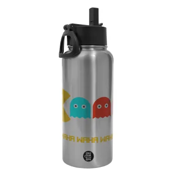 Pacman waka waka waka, Μεταλλικό παγούρι θερμός Silver με καλαμάκι και χερούλι (Stainless steel), διπλού τοιχώματος, 950ml
