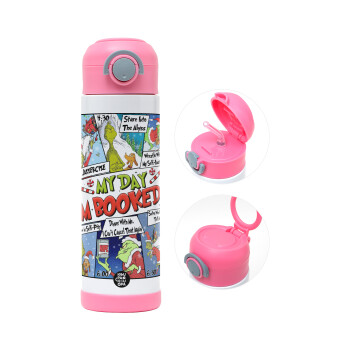 My Day Grinch, Children's hot water bottle, stainless steel, with safety straw, PINK (500ml)