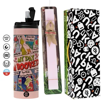 My Day Grinch, Πασχαλινή Λαμπάδα με  ΡΟΖ Travel Tumbler θερμό (600ml, BPA free) & κερί αρωματικό πλακέ (30cm) (ΡΟΖ)