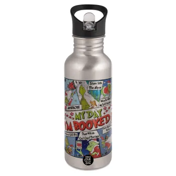 My Day Grinch, Παγούρι νερού Ασημένιο με καλαμάκι, ανοξείδωτο ατσάλι 600ml