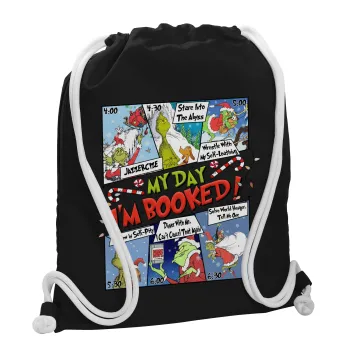 My Day Grinch, Τσάντα πλάτης πουγκί GYMBAG Μαύρη, με τσέπη (40x48cm) & χονδρά λευκά κορδόνια