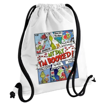 My Day Grinch, Τσάντα πλάτης πουγκί GYMBAG λευκή, με τσέπη (40x48cm) & χονδρά κορδόνια