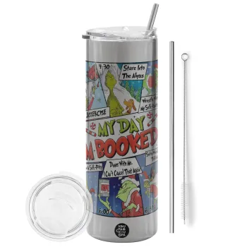 My Day Grinch, Tumbler ποτήρι θερμό Ασημένιο από ανοξείδωτο ατσάλι 600ml, με μεταλλικό καλαμάκι & βούρτσα καθαρισμού