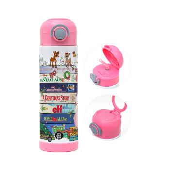 Xmas Classic movies, Children's hot water bottle, stainless steel, with safety straw, PINK (500ml)