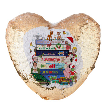 Xmas Classic movies, Μαξιλάρι καναπέ καρδιά Μαγικό Χρυσό με πούλιες 40x40cm περιέχεται το  γέμισμα