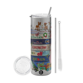 Xmas Classic movies, Tumbler ποτήρι θερμό Ασημένιο από ανοξείδωτο ατσάλι 600ml, με μεταλλικό καλαμάκι & βούρτσα καθαρισμού
