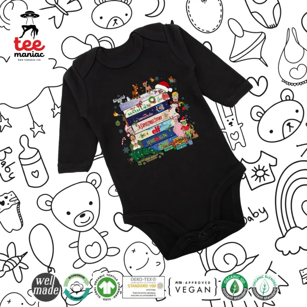 Xmas Classic movies — Long-sleeve baby bodysuit, 0-18 months, BLACK, 100% organic cotton