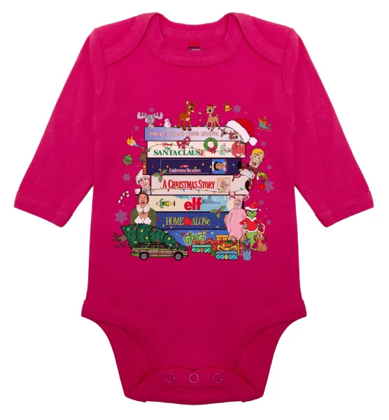 Xmas Classic movies — Long-sleeve baby bodysuit, 0-18 months, PINK, 100% organic cotton