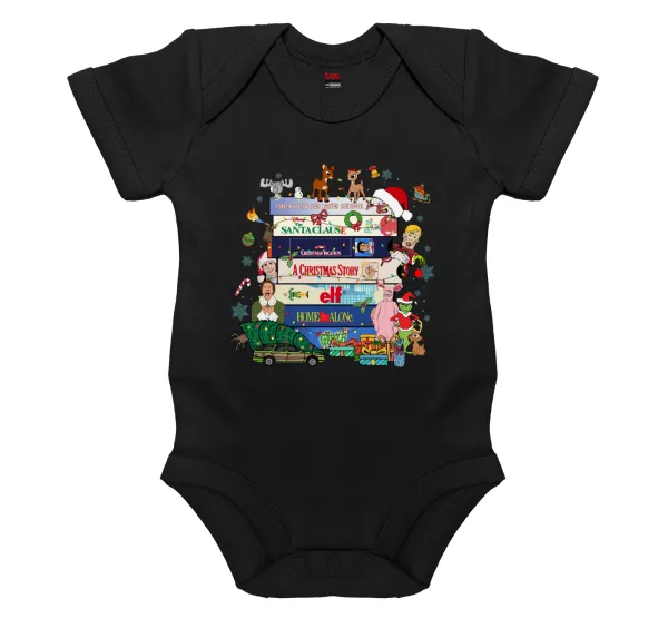 Xmas Classic movies — Short-sleeve baby bodysuit, 0-18 months, BLACK, 100% organic cotton