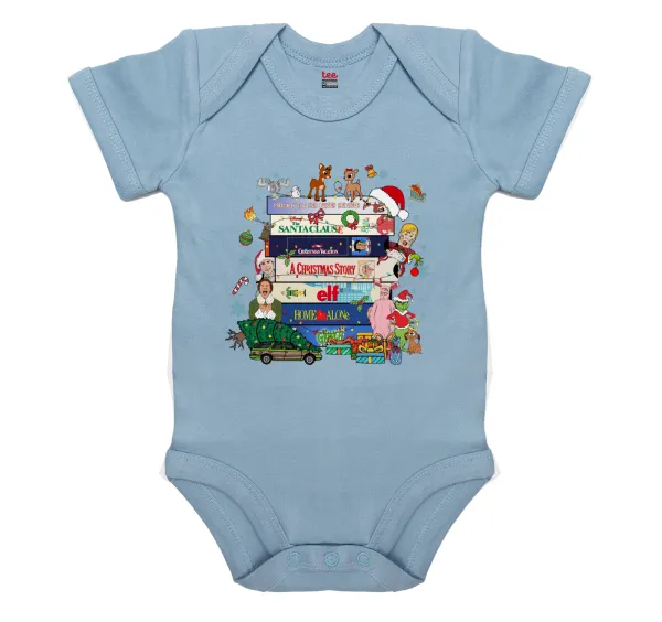 Xmas Classic movies — Short-sleeve baby bodysuit, 0-18 months, blue, 100% organic cotton