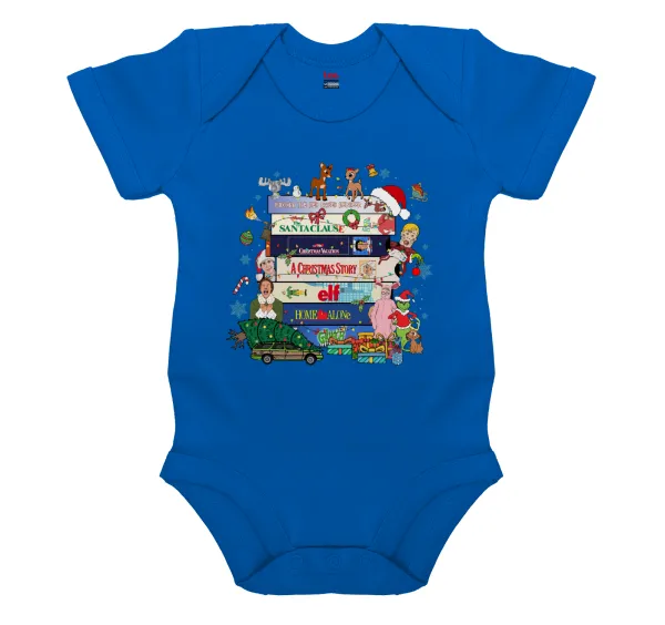 Xmas Classic movies — Short-sleeve baby bodysuit, cobalt blue, 100% organic cotton
