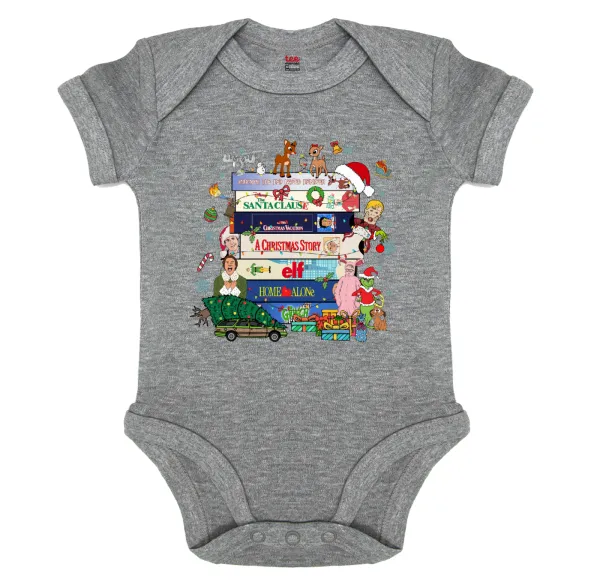 Xmas Classic movies — Short-sleeve baby bodysuit, 0-18 months, GREY MELANGE, 100% organic cotton