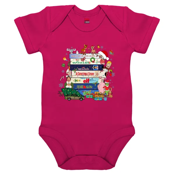 Xmas Classic movies — Short-sleeve baby bodysuit, 0-18 months, PINK, 100% organic cotton