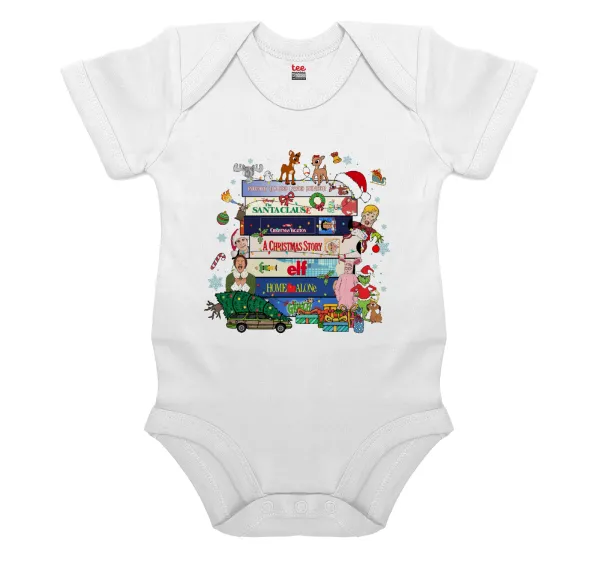 Xmas Classic movies — Short-sleeve baby bodysuit, 0-24 months, WHITE, 100% organic cotton