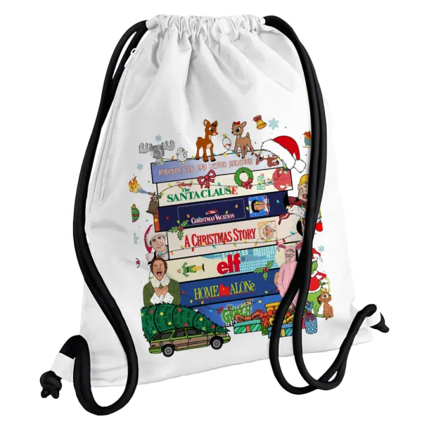 Xmas Classic movies — Τσάντα πλάτης πουγκί GYMBAG λευκή, με τσέπη (40x48cm) & χονδρά κορδόνια
