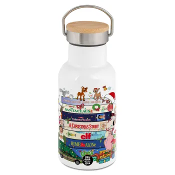 Xmas Classic movies, Μεταλλικό παγούρι θερμός (Stainless steel) Λευκό με ξύλινο καπακι (bamboo), διπλού τοιχώματος, 350ml