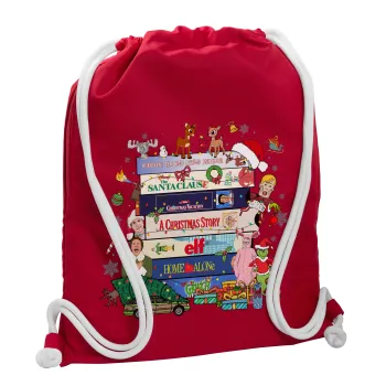 Xmas Classic movies, Backpack pouch GYMBAG Red, with pocket (40x48cm) & thick cords