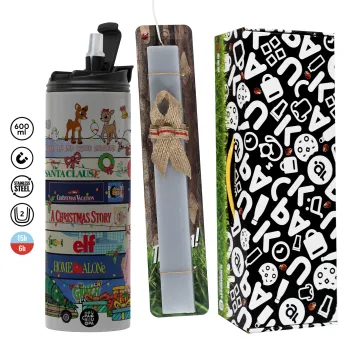 Xmas Classic movies, Πασχαλινή Λαμπάδα με Travel Tumbler θερμό (600ml, BPA free) & κερί αρωματικό πλακέ (30cm) (ΓΚΡΙ)