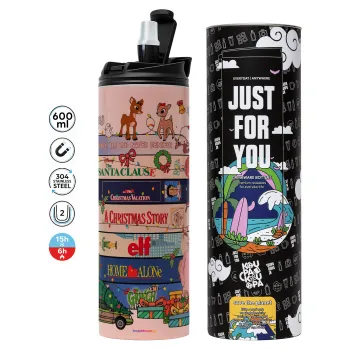 Xmas Classic movies, Tumbler ποτήρι θερμό ΡΟΖ από ανοξείδωτο ατσάλι 600ml