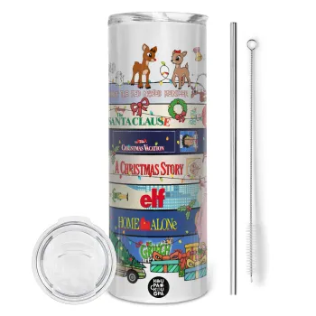 Xmas Classic movies, Tumbler ποτήρι θερμό από ανοξείδωτο ατσάλι 600ml, με μεταλλικό καλαμάκι & βούρτσα καθαρισμού